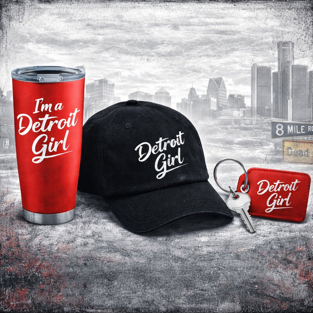 Detroit Girl accessories including a red tumbler, black hat, and red keychain displayed against a Detroit city skyline background.