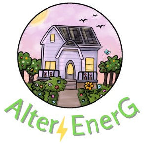 A circular illustrated logo or sticker-style graphic showing a house with solar panels, trees, flowers, and a pink sky, with the text 'AlterEnerG' below in green and a yellow lightning bolt.