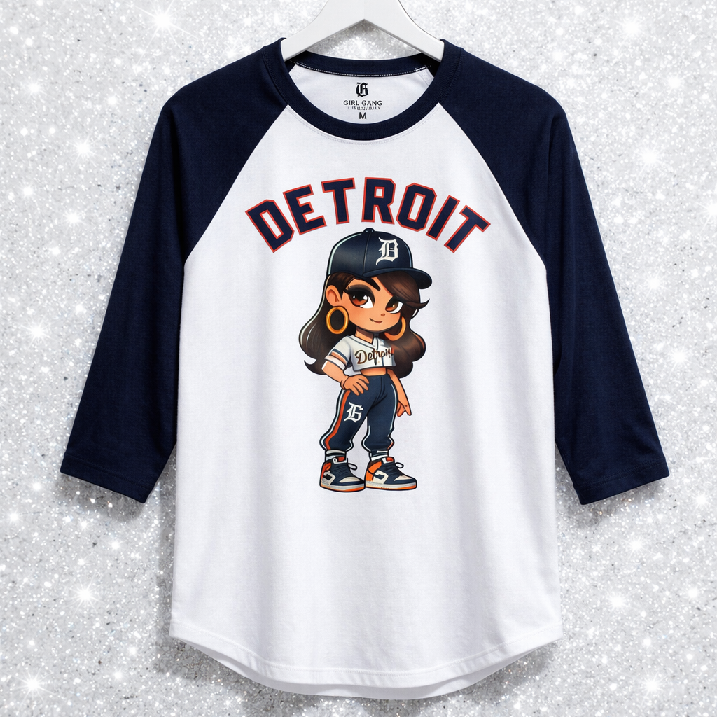 Baseball jersey with cartoon character and 'Detroit' text on a glittery background