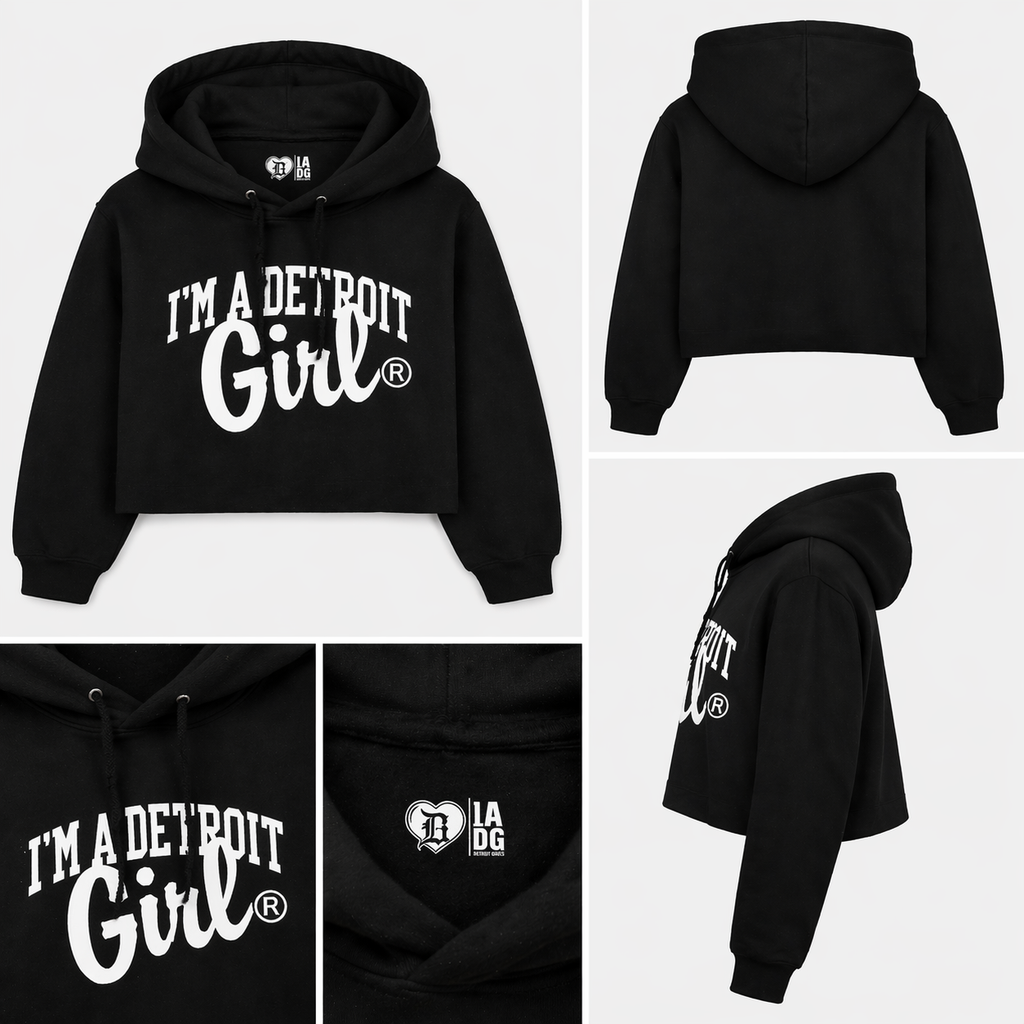 Black hoodie with 'I'm a Detroit Girl' text on a white background