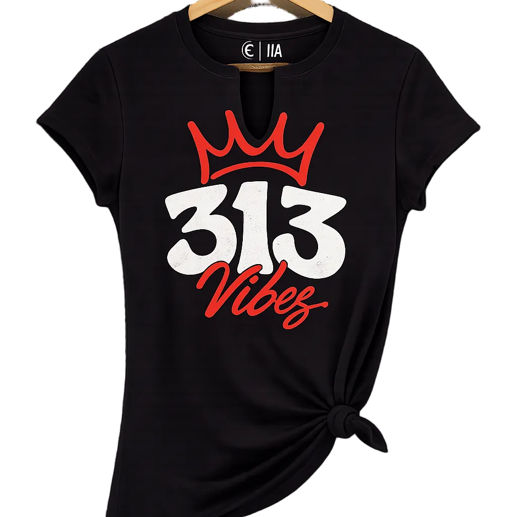 Black t-shirt with '313 Vibes' design on a hanger
