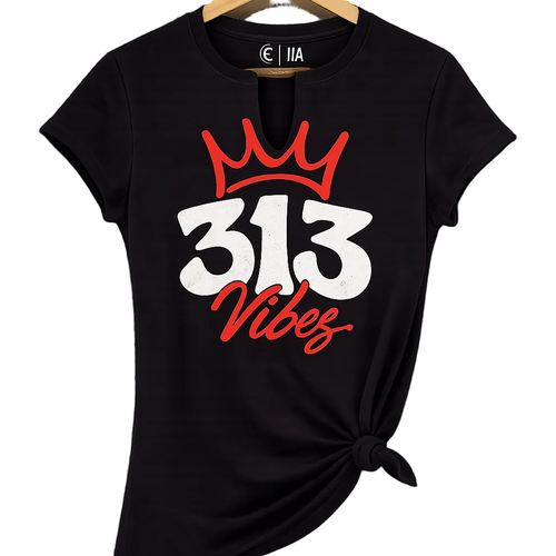 Black t-shirt with '313 Vibes' design on a hanger