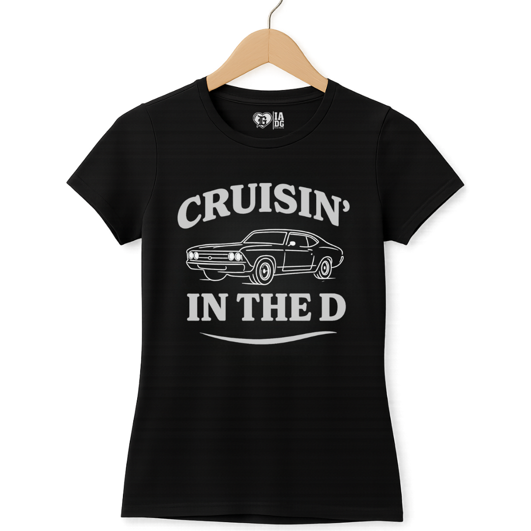 Black t-shirt with 'Cruisin' in the D' graphic on a hanger against a white background