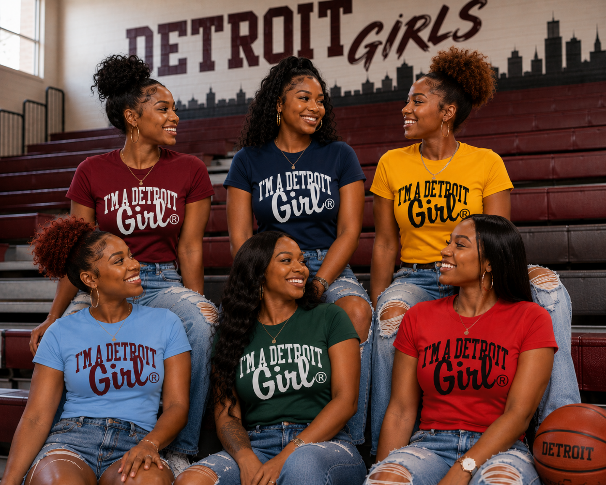 Six women sitting together on red bleachers in a gym, each wearing a different color Detroit Girls t-shirt with the slogan 'I'M A DETROIT Girl'. A basketball is visible on the lower right.