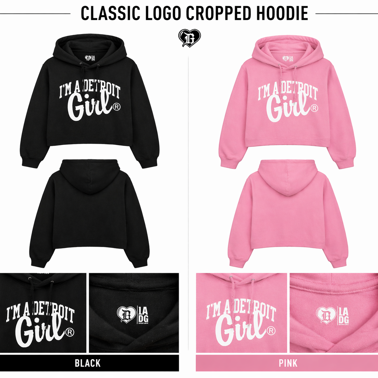 Black and pink cropped hoodie with 'I'm a Detroit Girl' text on a white background