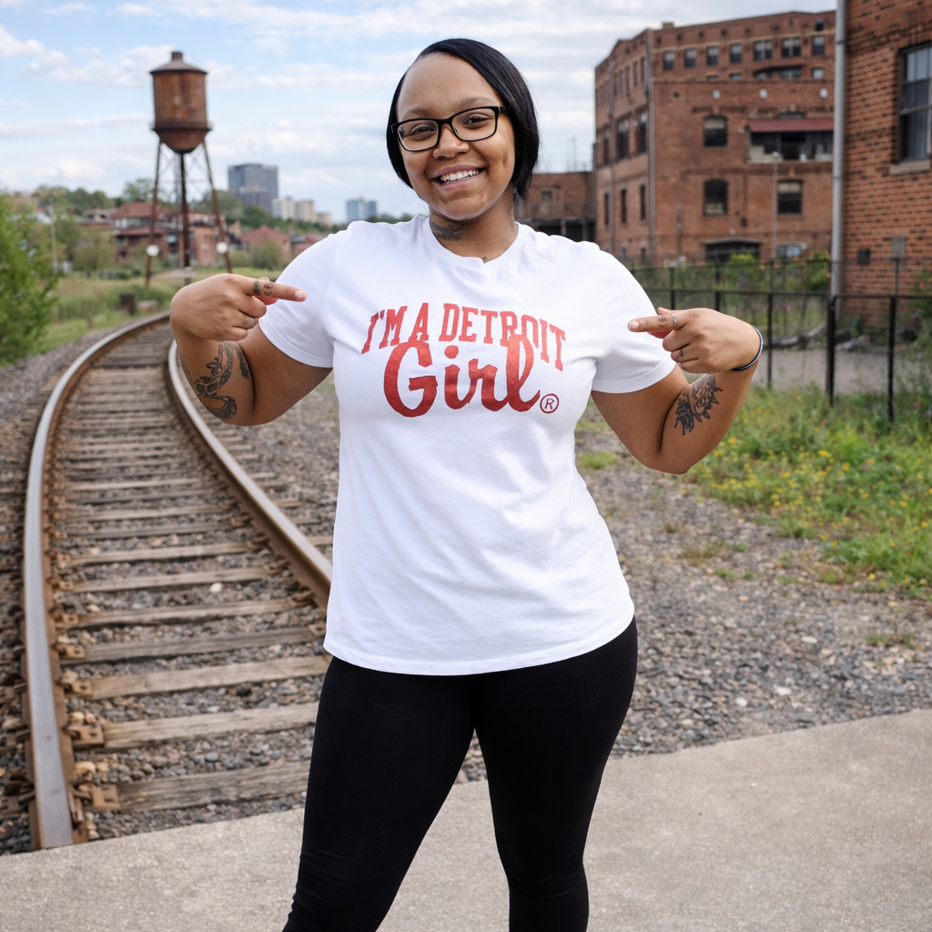 Person wearing a 'I'm a Detroit Girl' t-shirt standing on a concrete path with train tracks and brick building in the background.