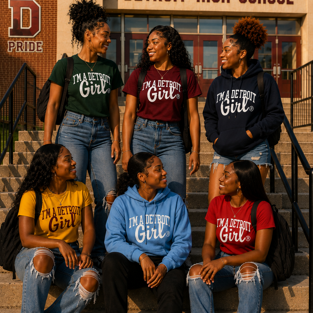 Six young women posing together on the steps of Detroit High School, each wearing a different colored graphic t-shirt that reads 'I'M A DETROIT Girl' with a white block 'D' logo. The shirts are in green, maroon, navy, yellow, light blue, and red, paired with distressed jeans.