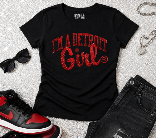 I’m a Detroit Girl Classic Logo Tee – Black (Red Glitter Print)