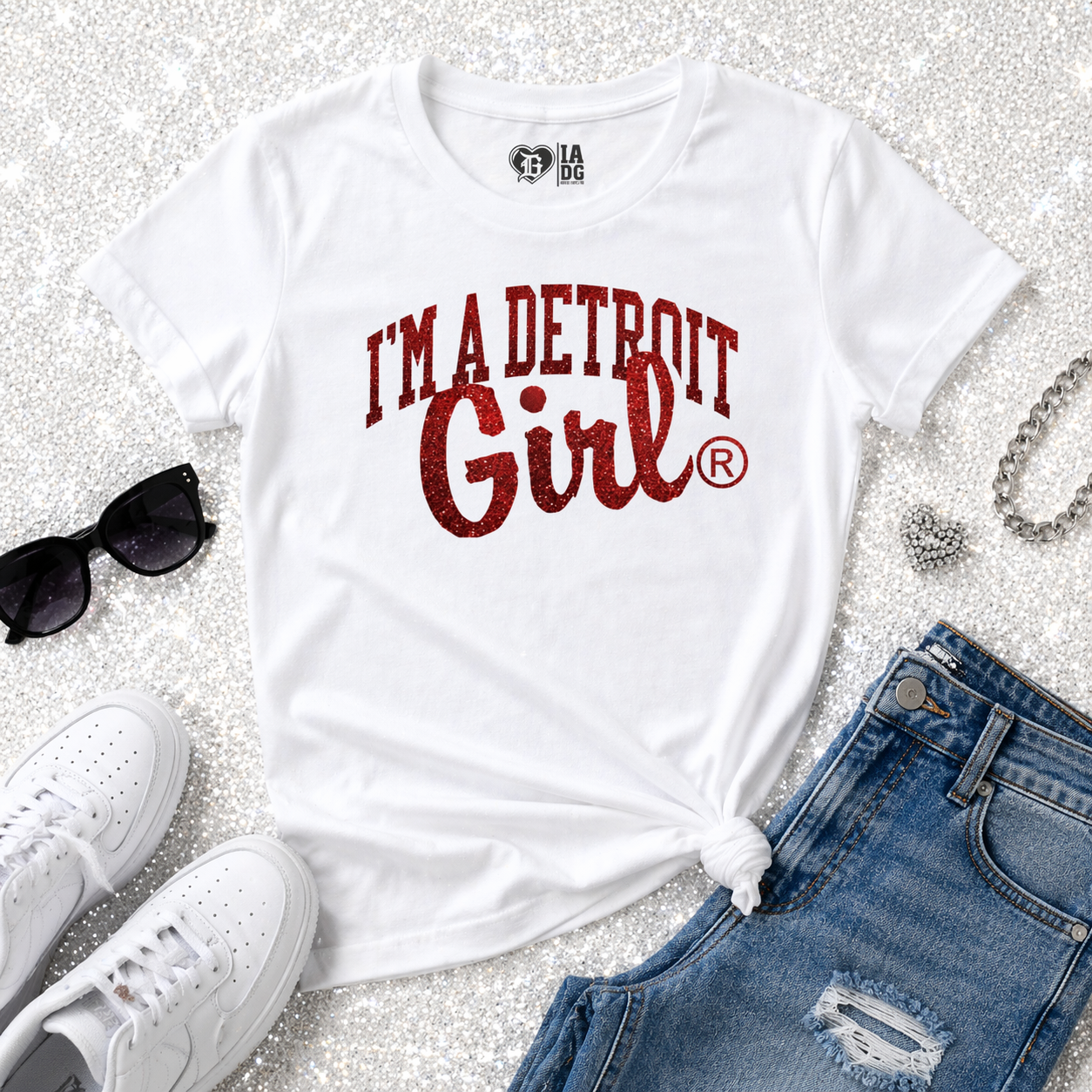 I’m a Detroit Girl White & Black T-Shirt with Red Glitter Print
