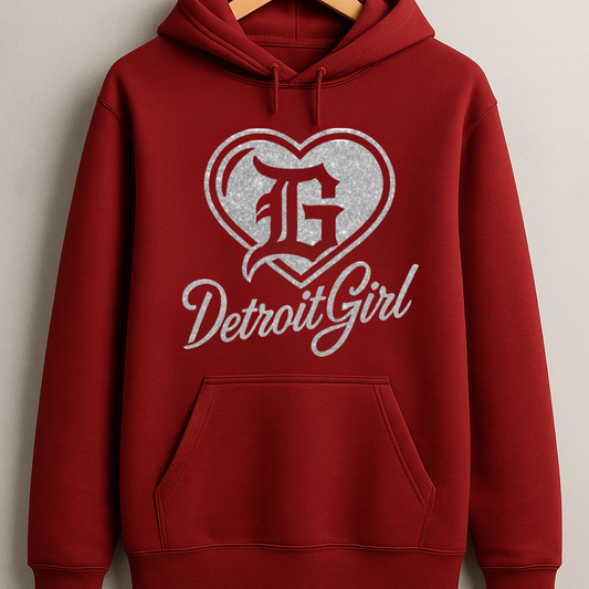 Red hoodie with 'Detroit Girl' design on a beige background