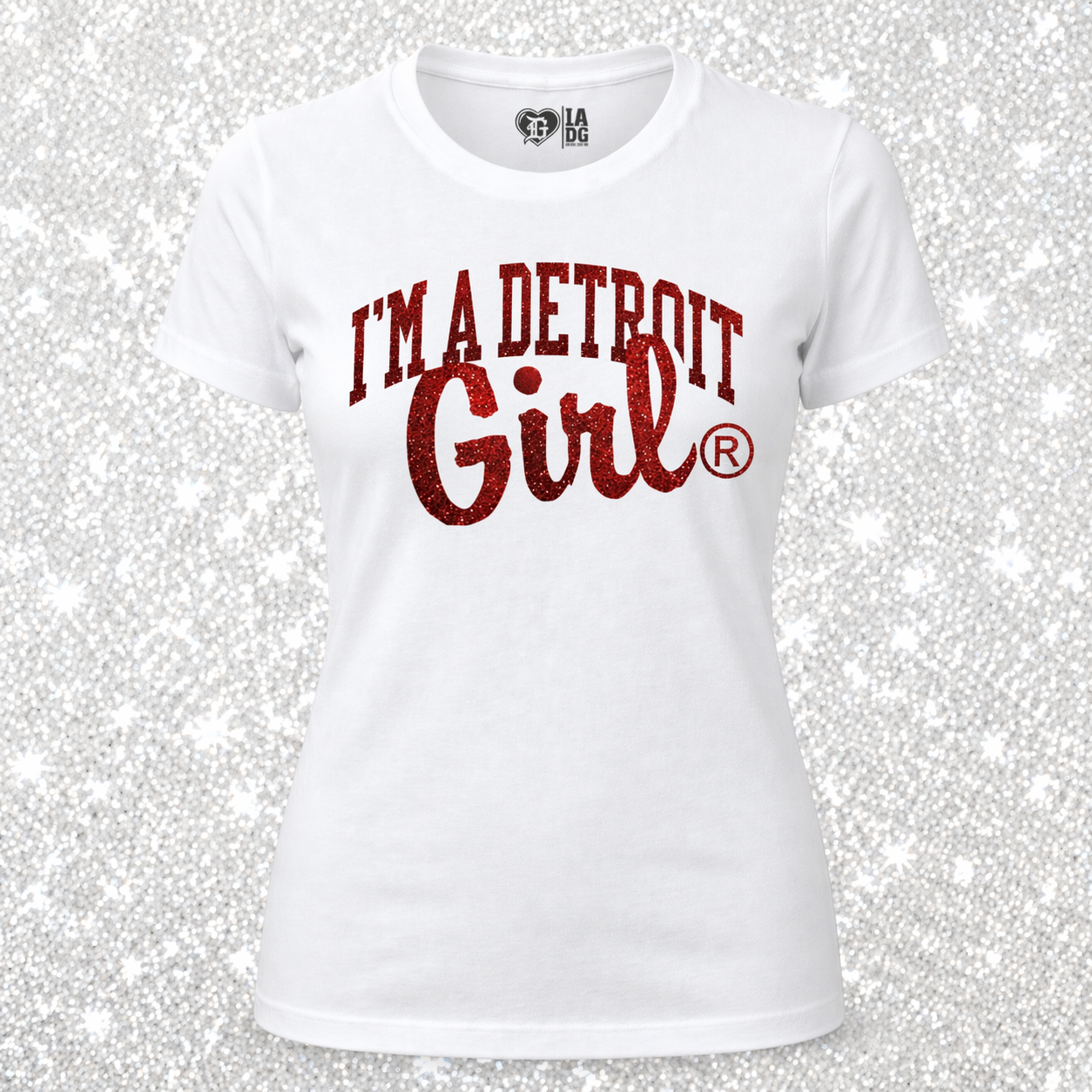 I’m a Detroit Girl White & Black T-Shirt with Red Glitter Print