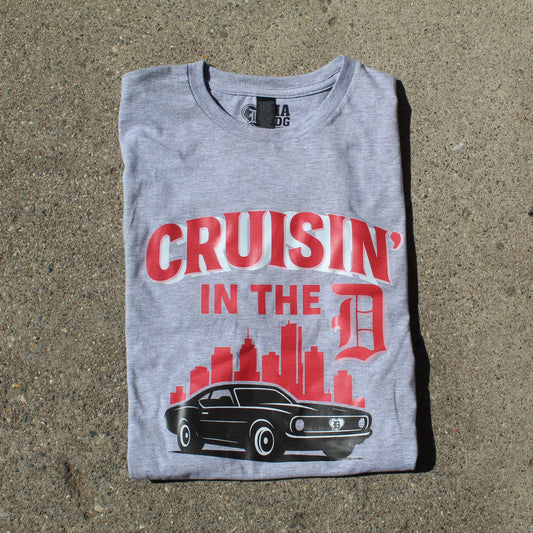 Front view of grey “Cruisin’ in the D” unisex T-shirt by I’m a Detroit Girl Clothing.