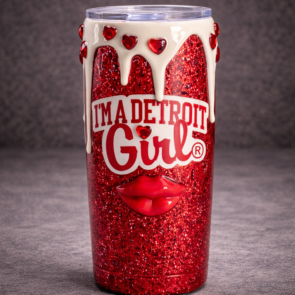 Red glittery tumbler with 'I'm a Detroit Girl' text and red lips on a gray background