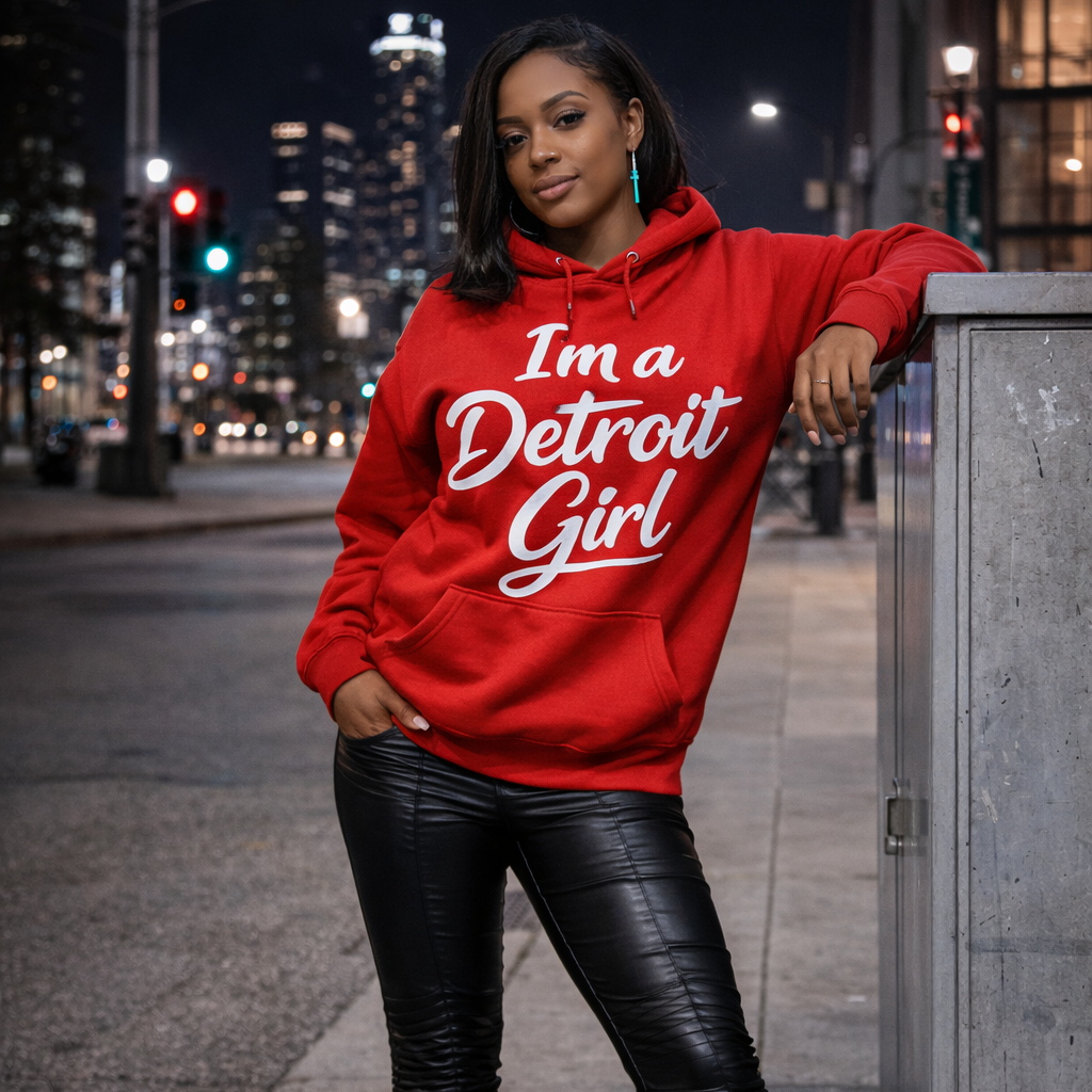 Woman wearing a red hoodie with 'I'm a Detroit Girl' text, standing on a city street at night.