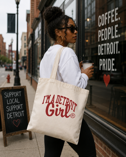 A woman walking on a city sidewalk carries a cream canvas tote bag with red text that reads 'I'M A DETROIT Girl' in a storefront setting. The background shows a street scene, a window with white text, and a chalkboard sign.