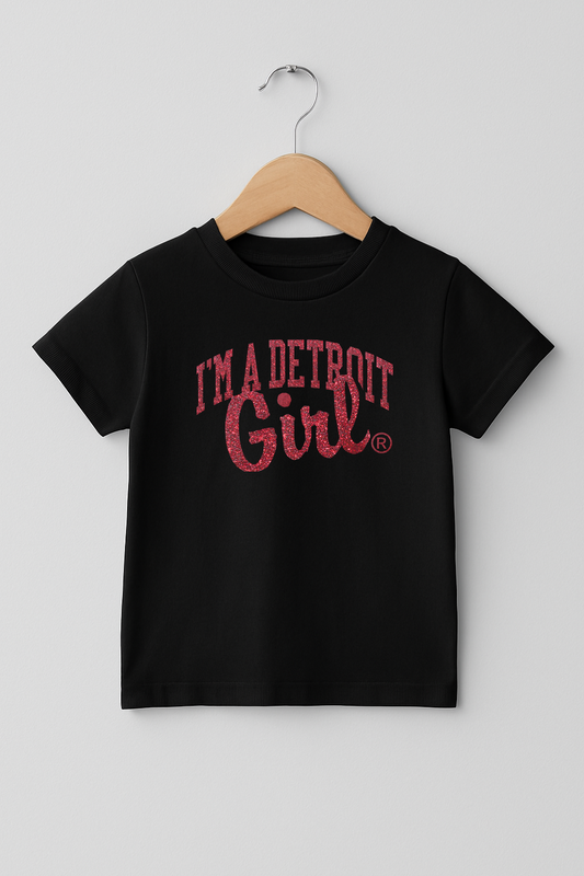 Kids I'm a Detroit Girl Arch Tee (Black/Red Glitter)