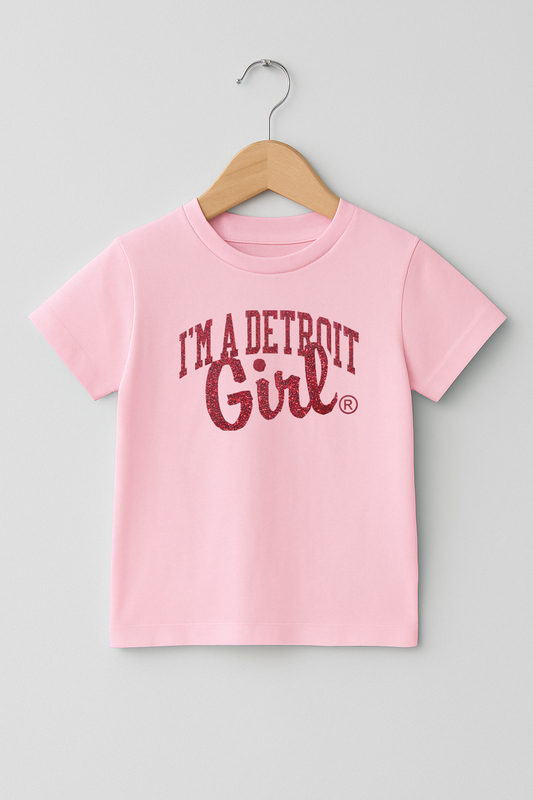 Kids I'm a Detroit Girl Arch Tee (Pink/Red Glitter)