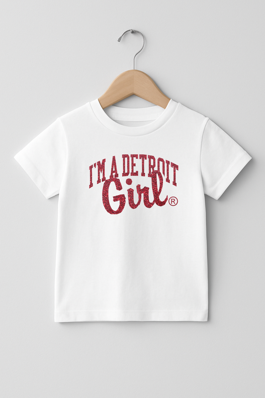 Kids I'm a Detroit Girl Arch Tee (White/Red Glitter)