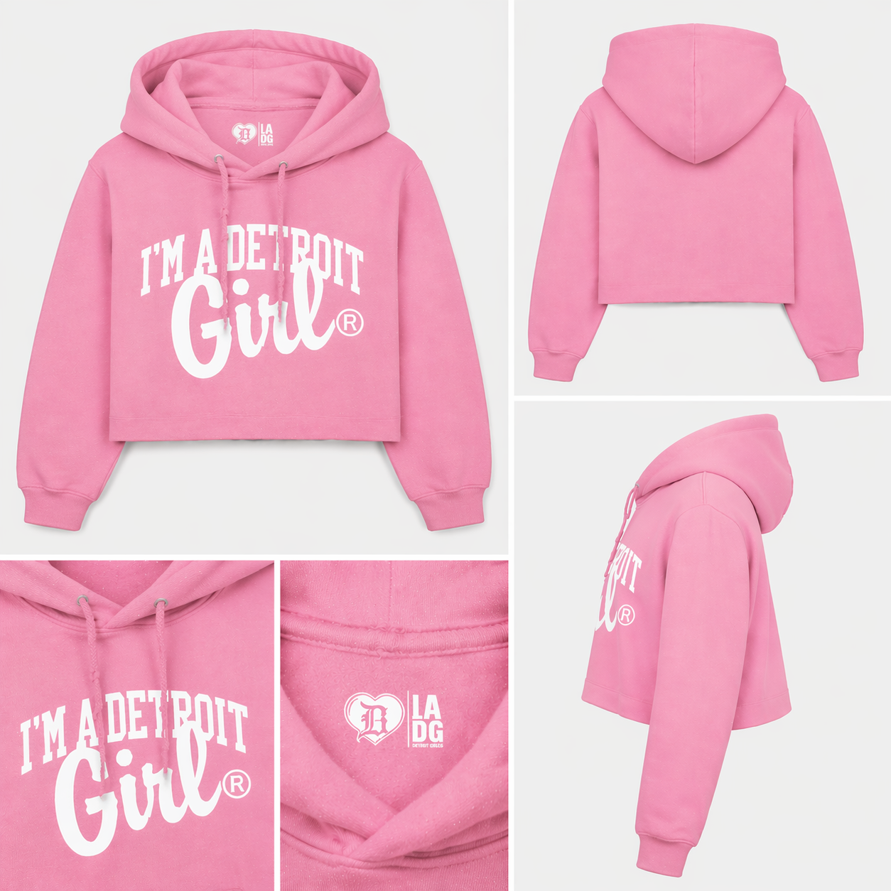 Pink hoodie with 'I'm a Detroit Girl' text on a white background