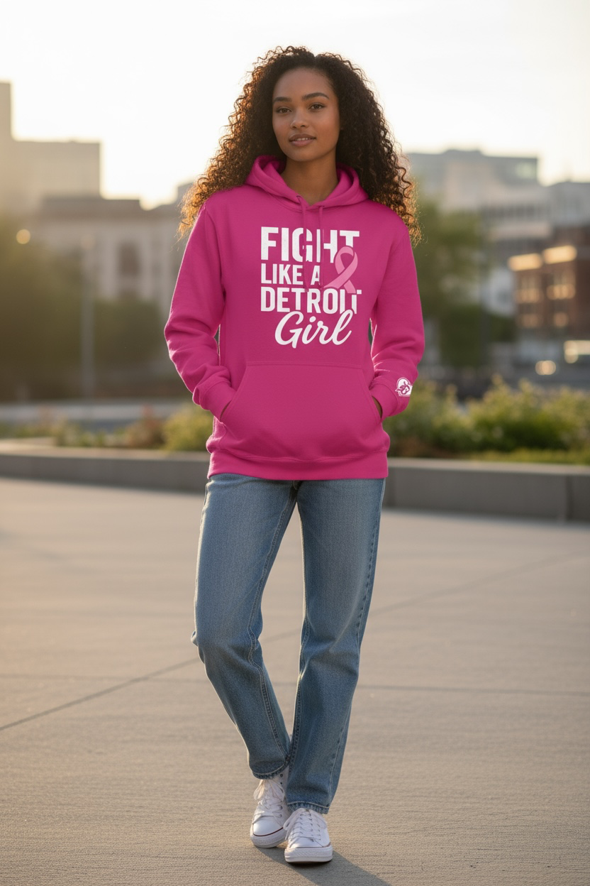 Person wearing a pink hoodie with 'Fight Like A Detroit Girl' text and a pink ribbon graphic.