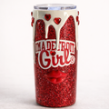 Red glittery tumbler with 'I'm a Detroit Girl' text on a white background