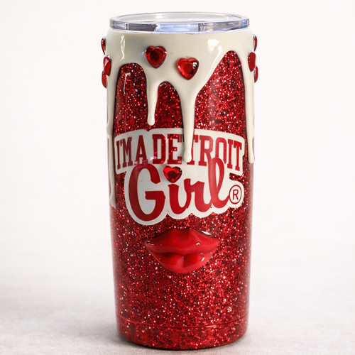 Red glittery tumbler with 'I'm a Detroit Girl' text on a white background