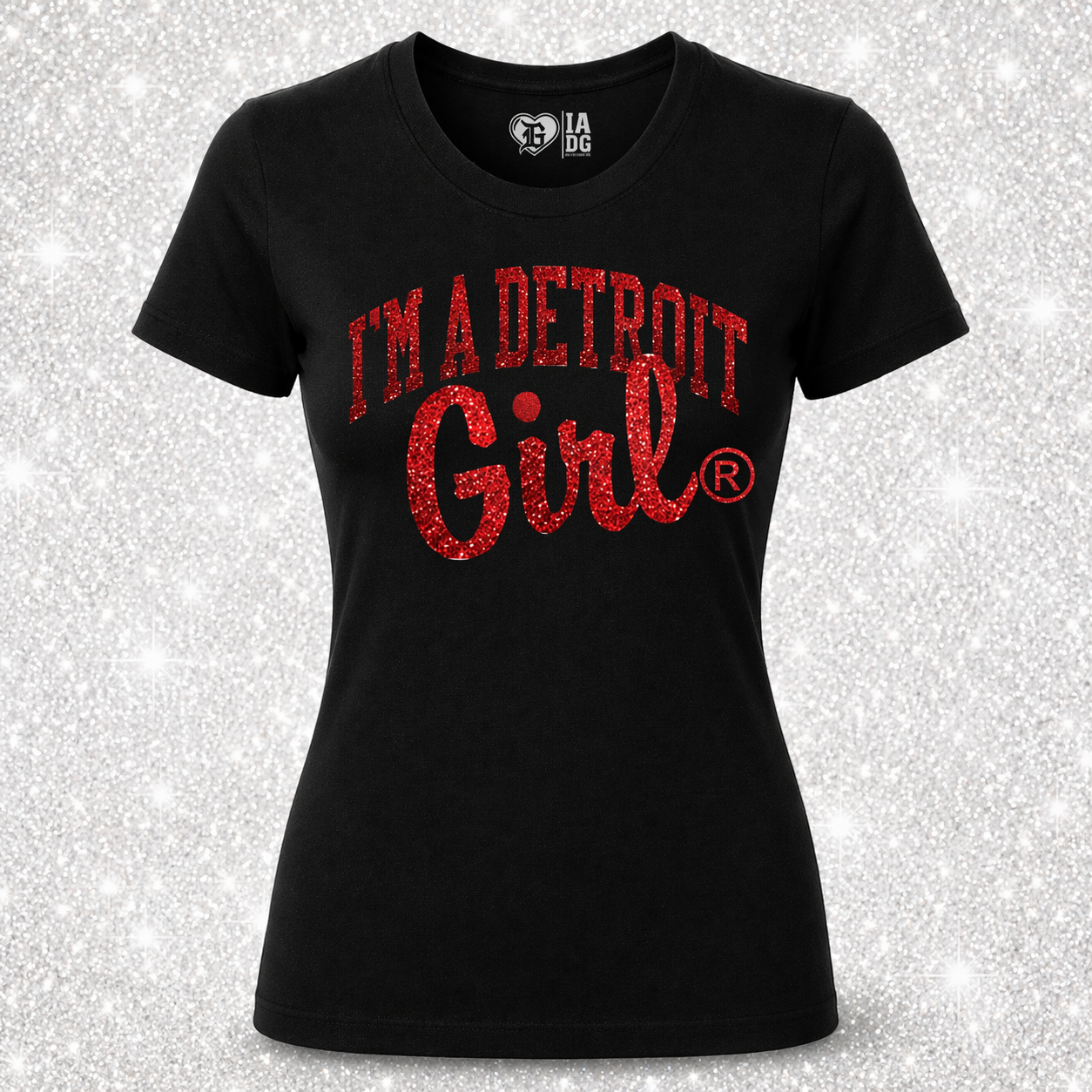 I’m a Detroit Girl Classic Logo Tee – Black (Red Glitter Print)