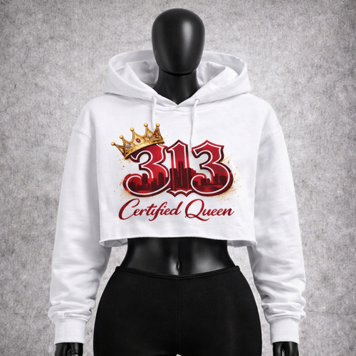 White hoodie with '313 Certified Queen' design on a gray background