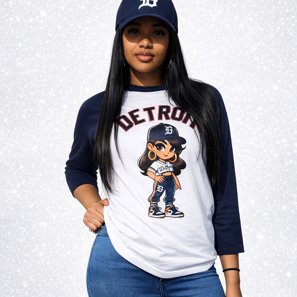 Person wearing a white and navy baseball shirt with a cartoon character, blue jeans, and a navy cap with a logo on a light gray background.