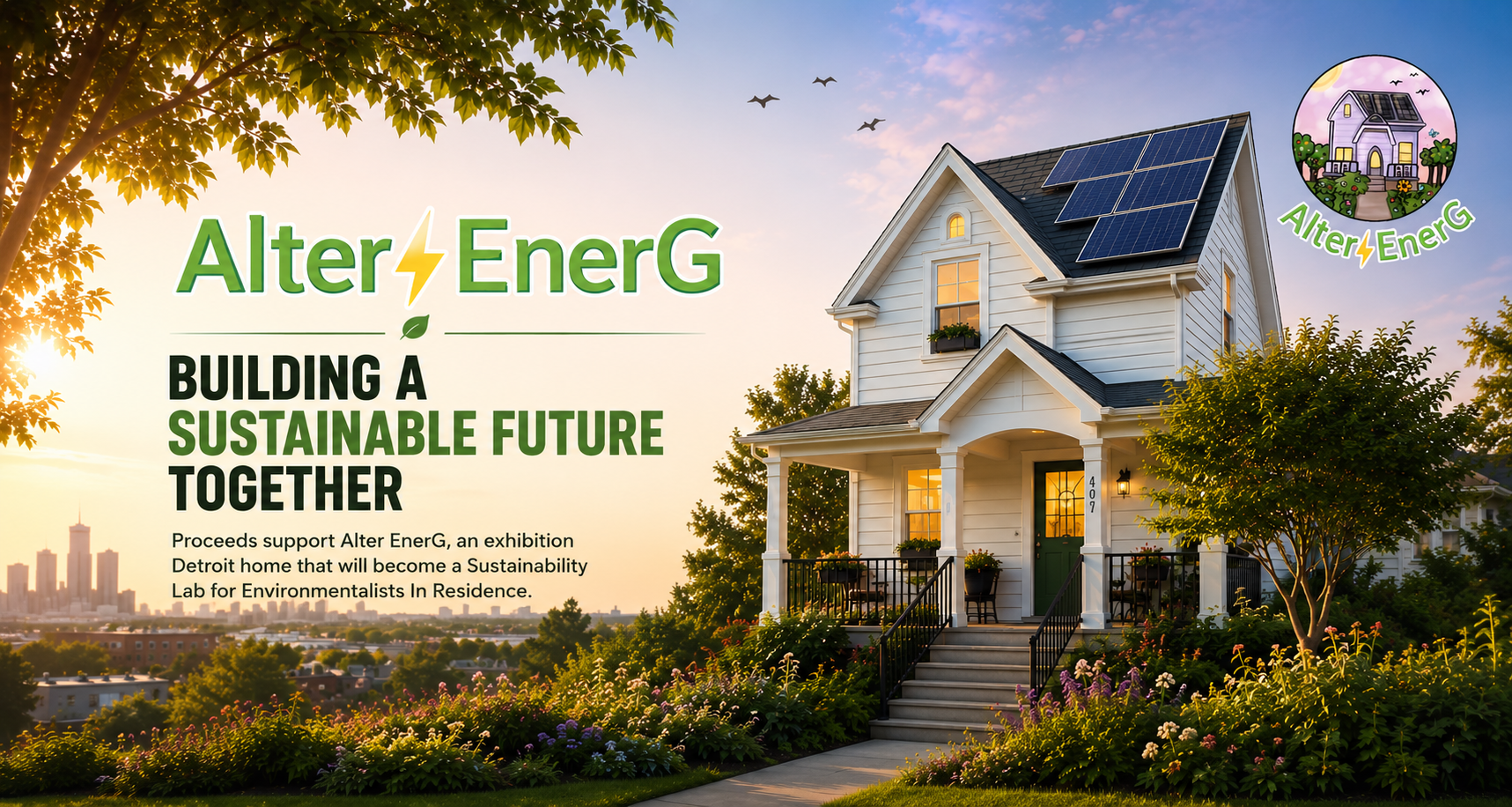 Promotional graphic for AlterEnerG featuring a white house with solar panels on a roof, surrounded by greenery at sunset. Large text reads 'AlterEnerG' and 'Building a Sustainable Future Together,' with a circular AlterEnerG logo in the top right.