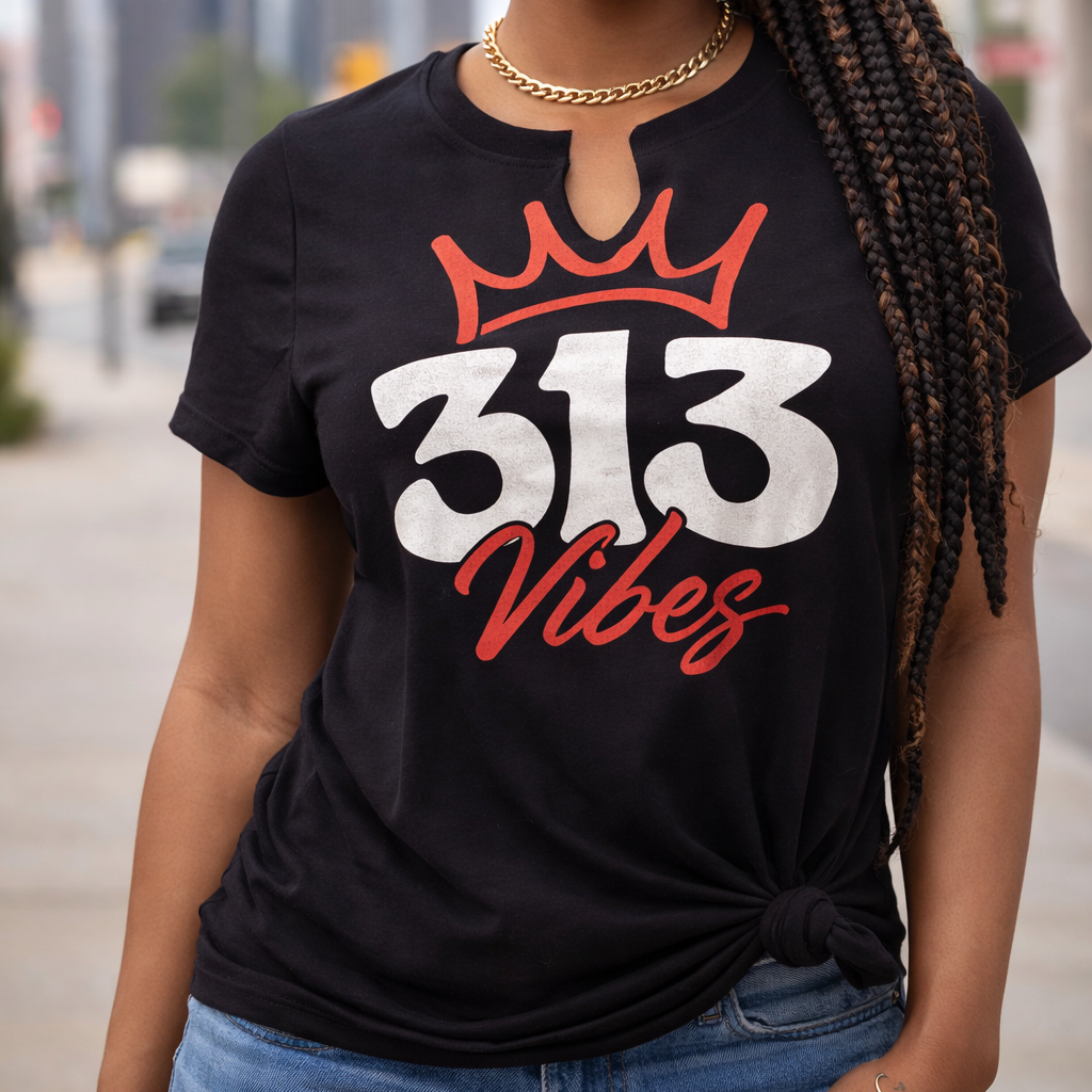 Woman wearing a black t-shirt with '313 Vibes' design in an urban setting