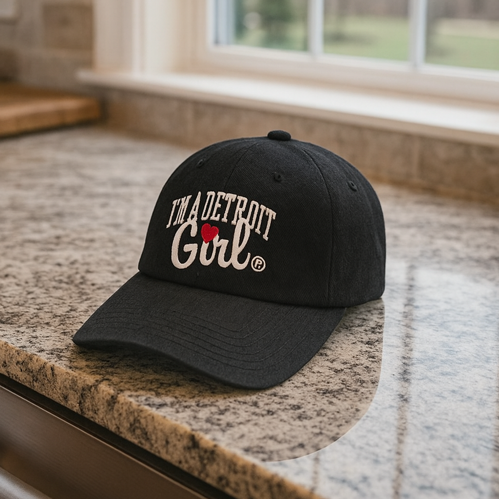 Black cap with 'I'm a Detroit Girl' text on a kitchen counter