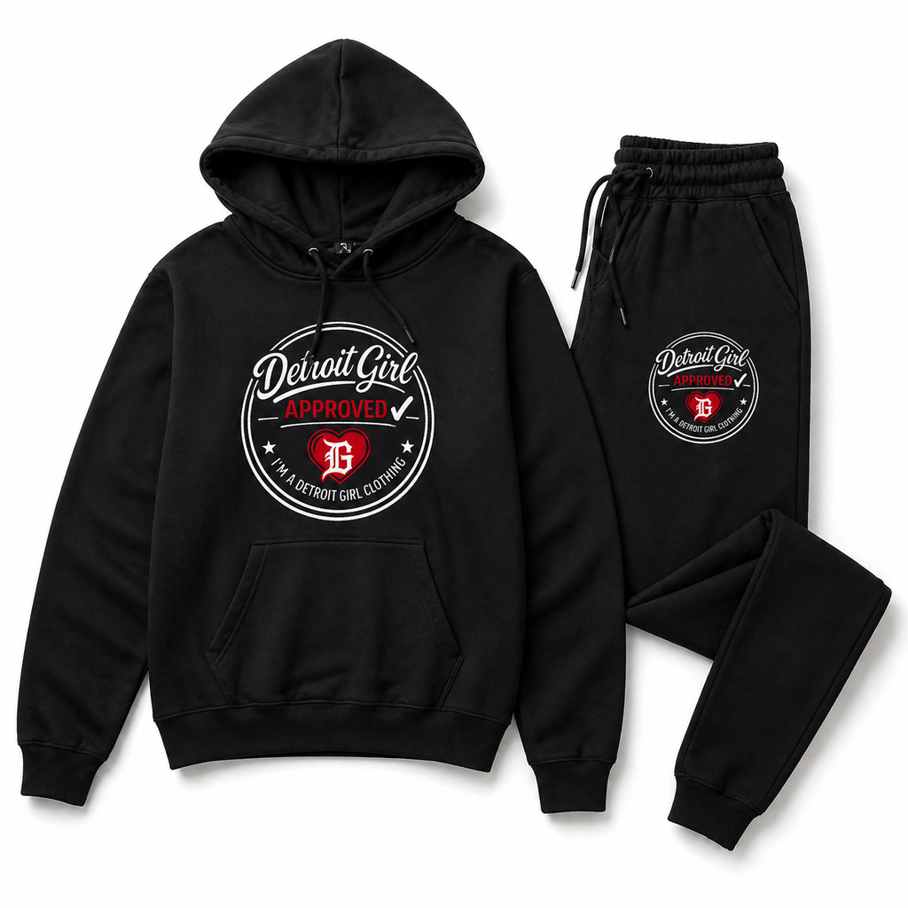 Detroit Girl Approved black hoodie and sweatpants matching set with red and white logo design