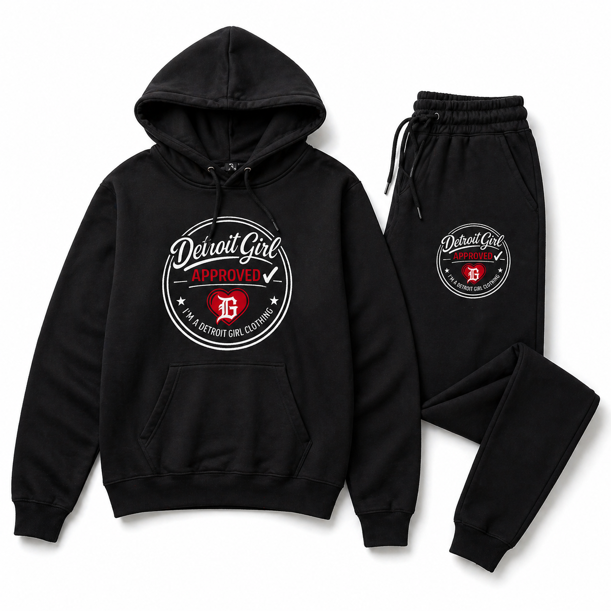 Detroit Girl Approved black hoodie and sweatpants matching set with red and white logo design