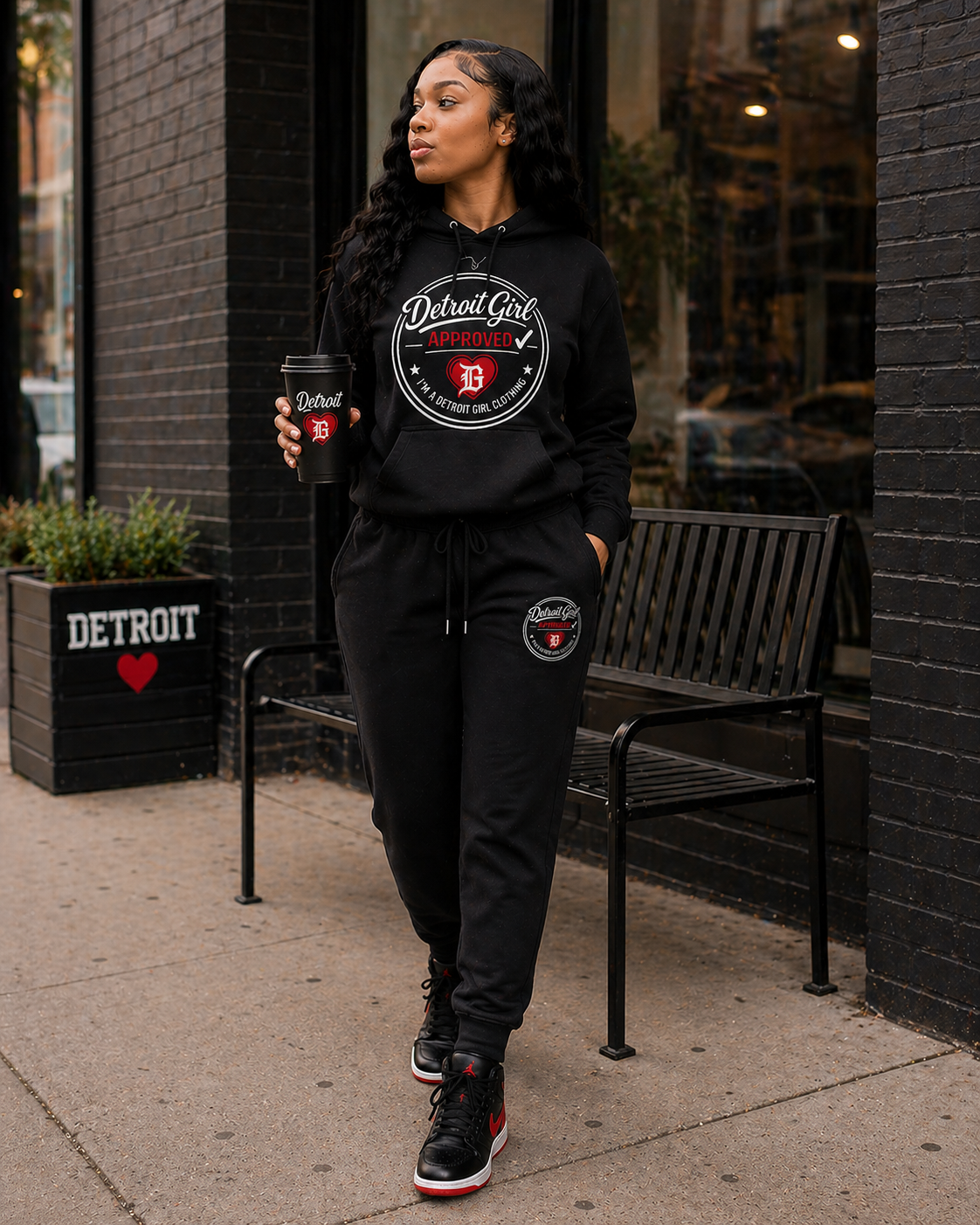 Detroit Girl Approved black hoodie and sweatpants matching set with red and white logo design
