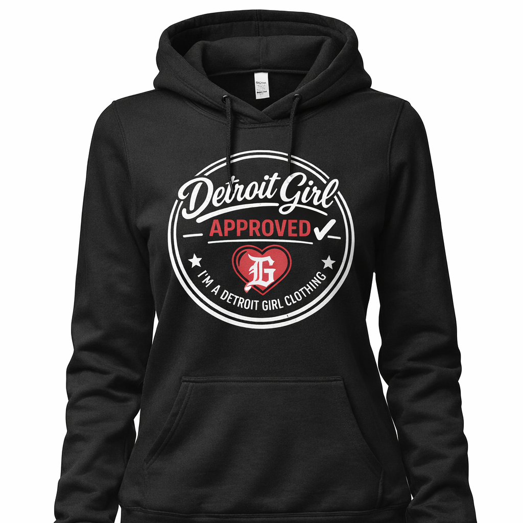 Black hoodie with 'Detroit Girl Approved' graphic on a white background