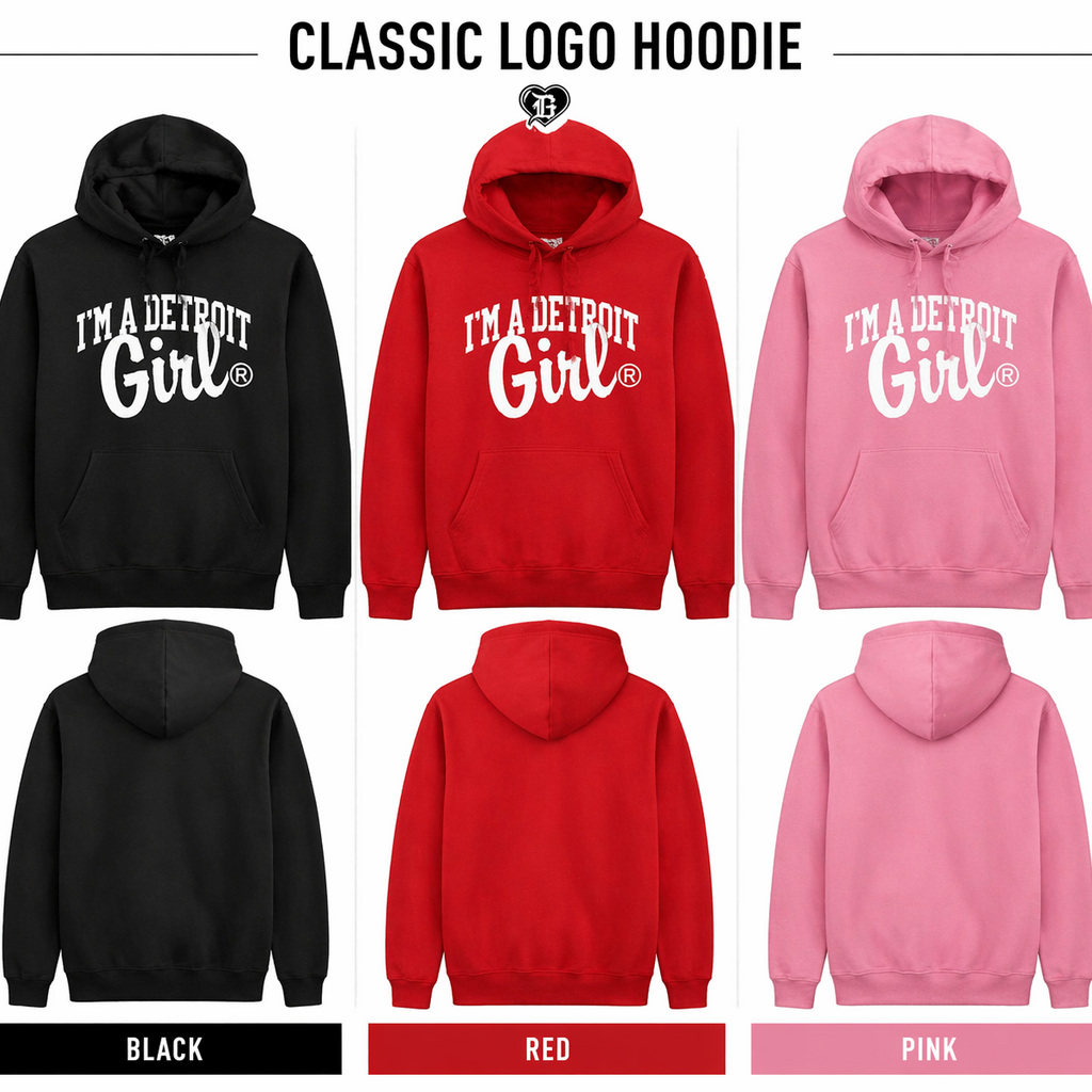 Three hoodies in black, red, and pink with 'I'm a Detroit Girl' text on a white background.