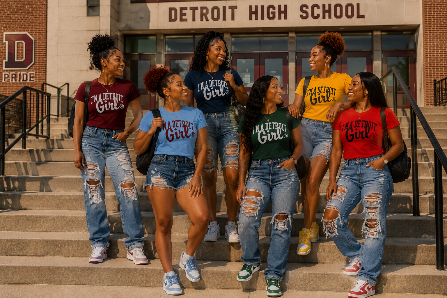 Six young women wearing matching graphic t-shirts that read 'I'M A DETROIT GIRL' in different colors, paired with ripped denim shorts, standing on the steps of Detroit High School.