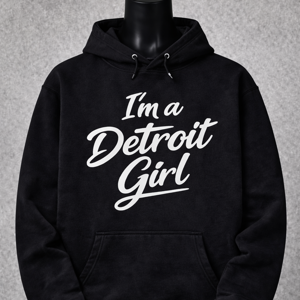Black hoodie with 'I'm a Detroit Girl' text on a gray background