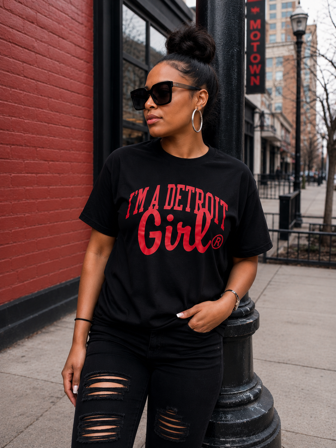 I’m a Detroit Girl Classic Logo Tee – Black (Red Glitter Print)