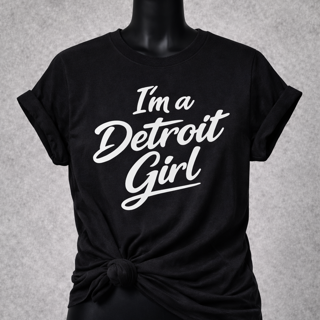 Black t-shirt with 'I'm a Detroit Girl' text on a gray background