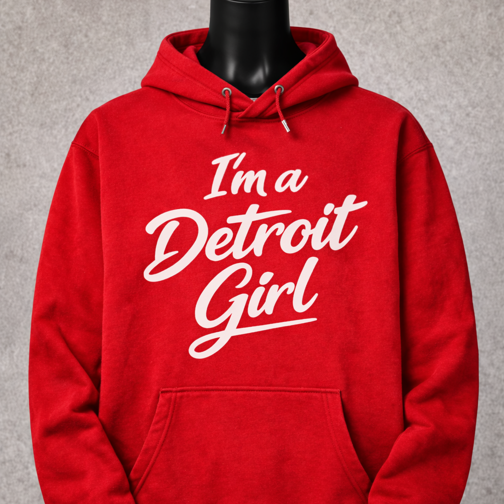 Red hoodie with 'I'm a Detroit Girl' text on a gray background