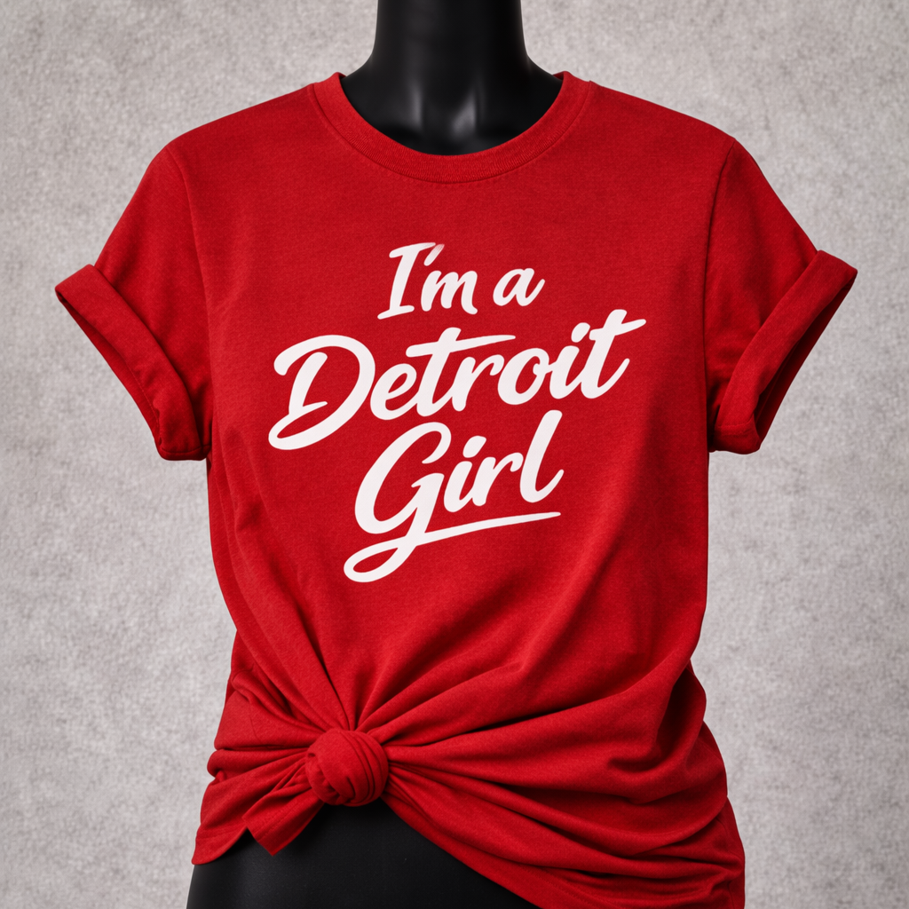 Red t-shirt with 'I'm a Detroit Girl' text on a mannequin against a gray background