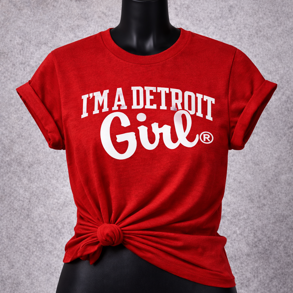 Red t-shirt with 'I'm a Detroit Girl' text on a gray background