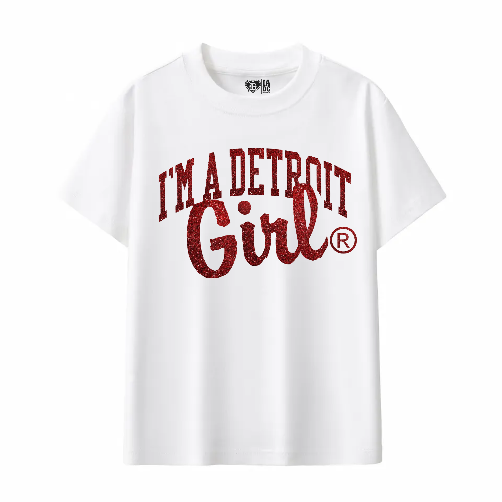 A white short-sleeve crewneck t-shirt featuring a distressed red graphic print on the front that reads 'I'M A DETROIT Girl' with a registered trademark symbol.