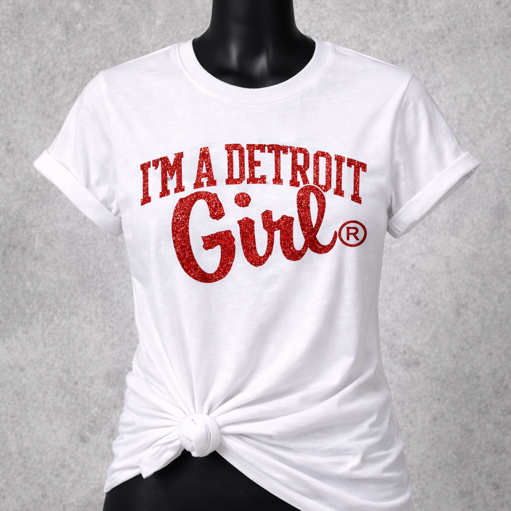 White t-shirt with 'I'm a Detroit Girl' text on a mannequin against a gray background