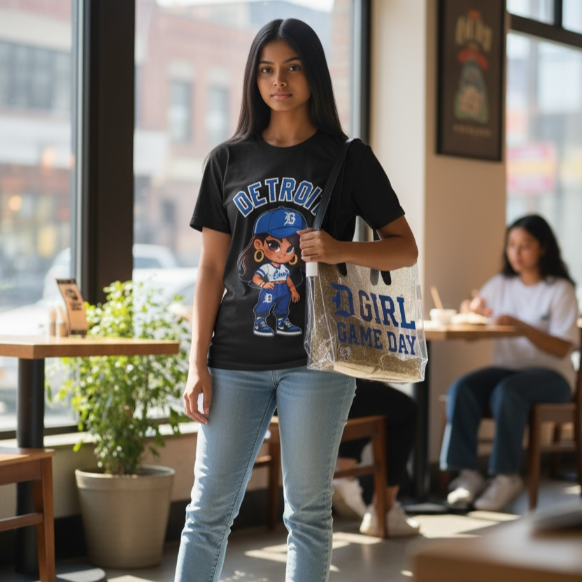 Woman holding a tote bag with 'Girl Game Day' text in a casual setting